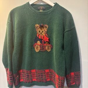 VTG Rare Charter Club Women’s Teddy Bear Sweater Green Red 3D Embroidered Sz L